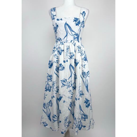 Reformation Frieda Linen Midi Dress Size 4 Blue White Floral Trad Wife Cottage - Picture 3 of 16